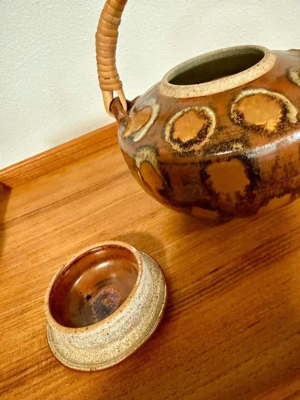 Vintage Hand-Painted Studio Pottery Teapot with Woven Rattan Handle